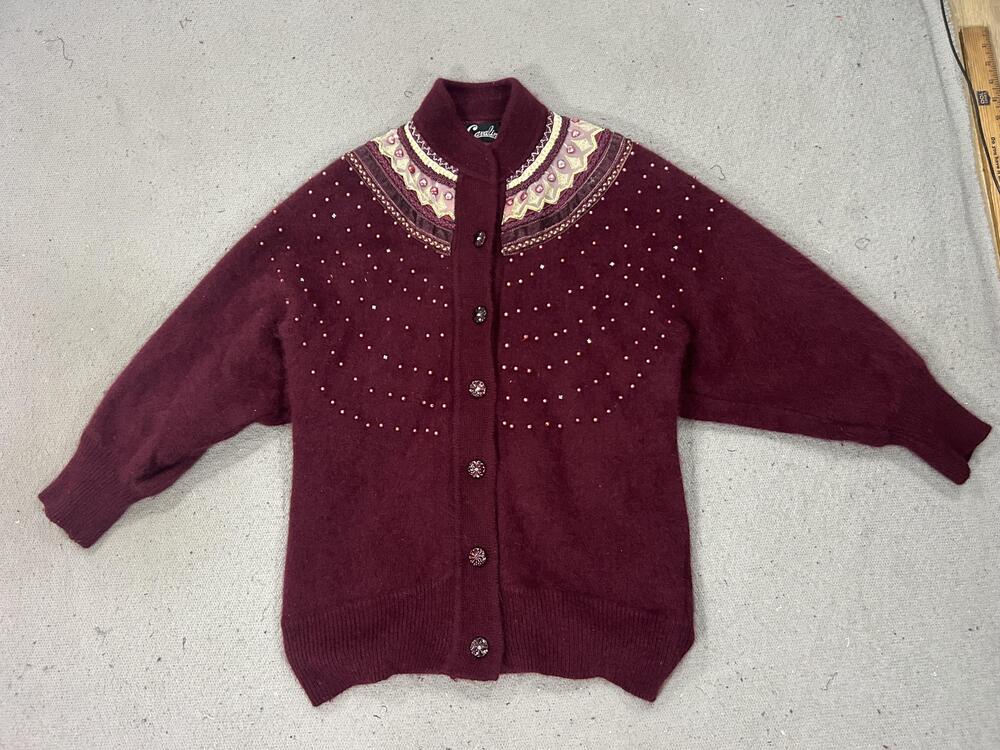 Vintage Cavalini Cardigan Sweater Womens Large Red Angora Lambs Wool Luxury 80’s
